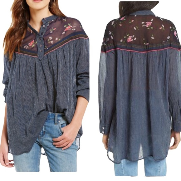 Free People Tops - Free People Hearts & Colors Navy Striped Pink Floral Top - L